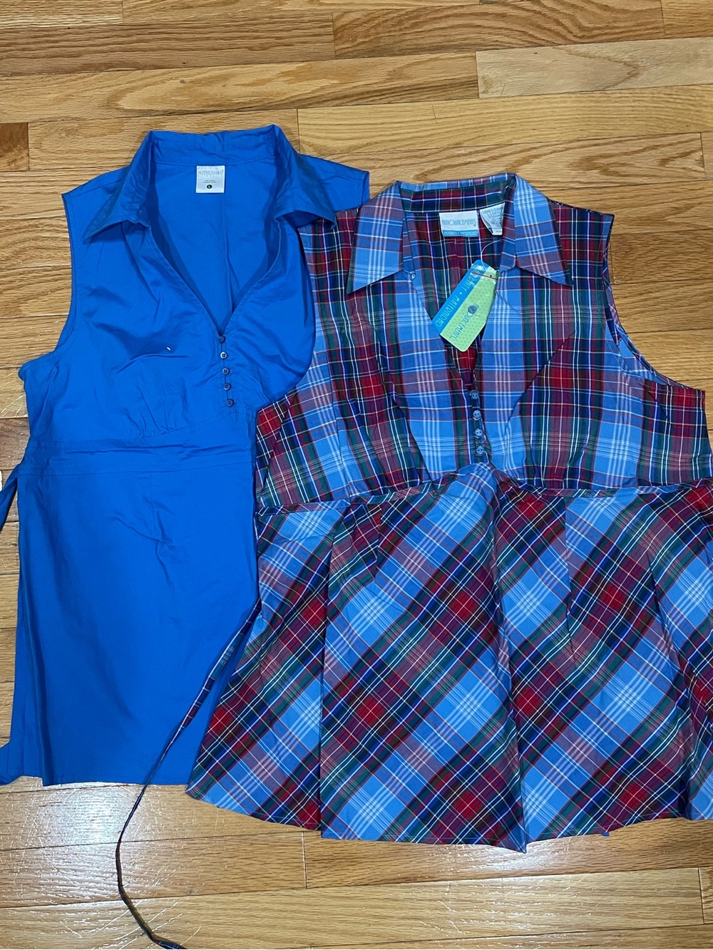 Motherhood Maternity Blue Solid Tank Top & Blue-Red Plaid Sleeveless Blouse
